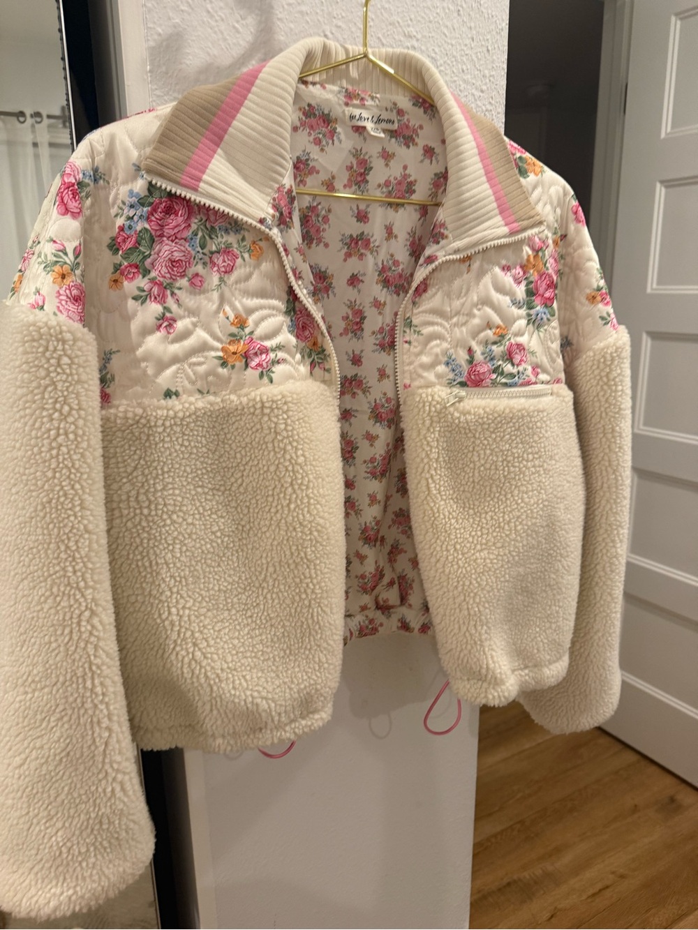 For Love & Lemons Cream Floral Quilted Sherpa Jacket with Pink Trim